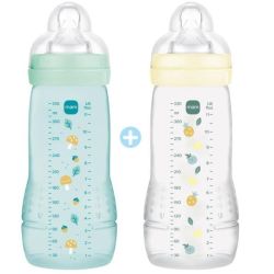 MAM - LOT DE 2 Biberons Easy Active 2ème âge 330ml 6mois+ débit très rapide VERT & JAUNE