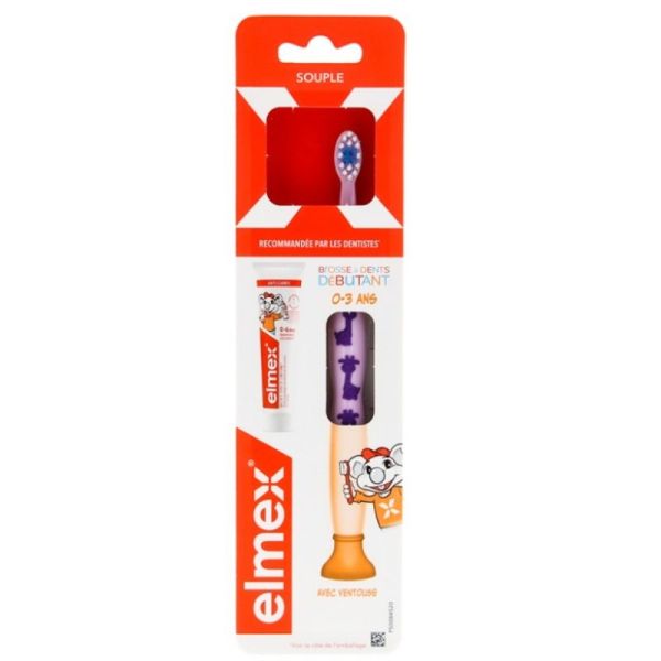 Elmex - Brosse à dents souple débutant 0-3 ans + dentifrice elmex 0-6 ans ( COLORIS ALEATOIRE )
