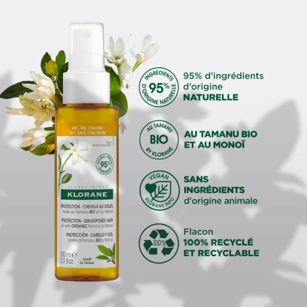 Klorane — Huile protectrice capillaire au Tamanu BIO et Monoï — Cheveux exposés au soleil