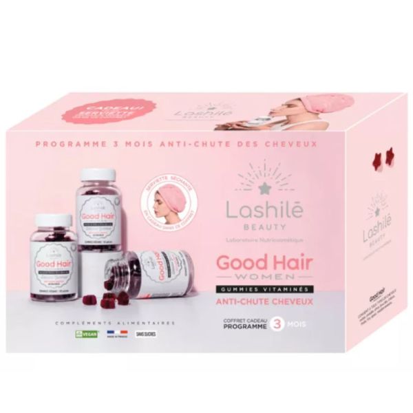 Lashilé Beauty Gummies anti-chute de cheveux lot de 3 mois + serviette