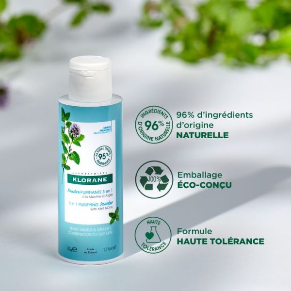 Klorane Poudre Purifiante 3 en 1 - à la Menthe aquatique BIO