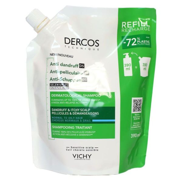 Dercos - recharge shampooing anti-pelliculaire DS normaux à gras 390ml