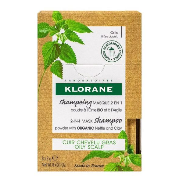 Klorane shampoing masque lavant absorbant 2 en 1 à la poudre d’ortie bio - cuir chevelu gras