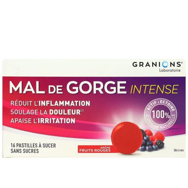 Granions - Mal de gorge INTENSE 16 pastilles à sucer s/sucres fruits rouges