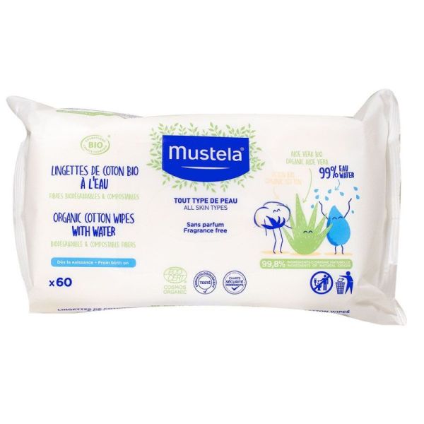 Mustela lingettes en coton bio à l'eau (60 unités)