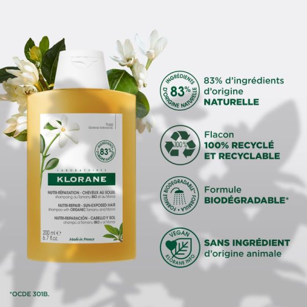 Klorane Shampoing nutritif après-soleil - Cheveux exposés au soleil - au Monoï & Tamanu BIO