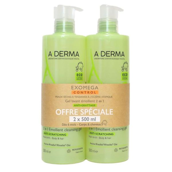 A-Derma Gel lavant émollient 2 en 1 anti-grattage Lot de 2 (500 ml)
