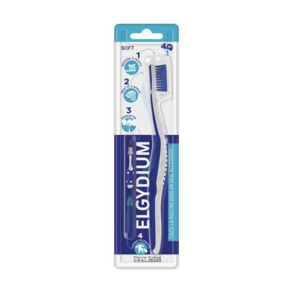 Elgydium - brosse à dents , gratte-langue , brossette , gomme polissante 4en1 souple