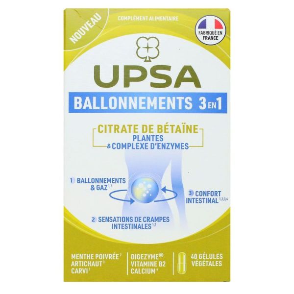 UPSA Ballonnement 3 en 1 Citrate de Bétaïne (40 gélules végétales)