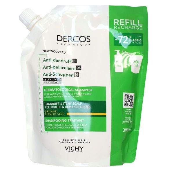 Dercos - recharge shampooing anti-pelliculaire DS cheveux secs 390ml