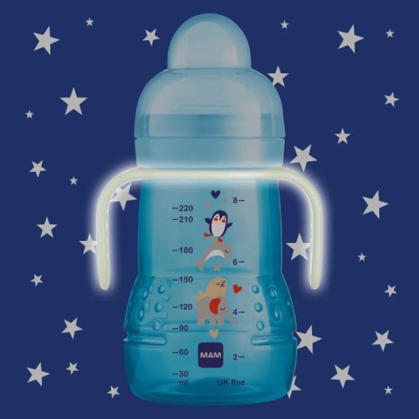 MAM Biberon et tasse transition bleu (220 ml) 4 mois et plus - Débit 3