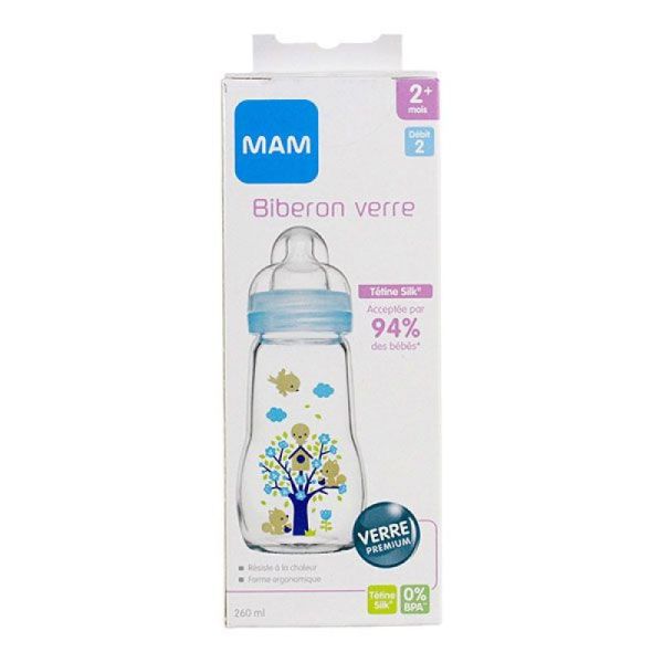 MAM Biberon en verre 260 ml avec tétine Silk (2 mois et plus)