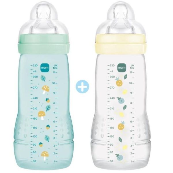 MAM - LOT DE 2 Biberons Easy Active 2ème âge 330ml 6mois+ débit très rapide VERT & JAUNE